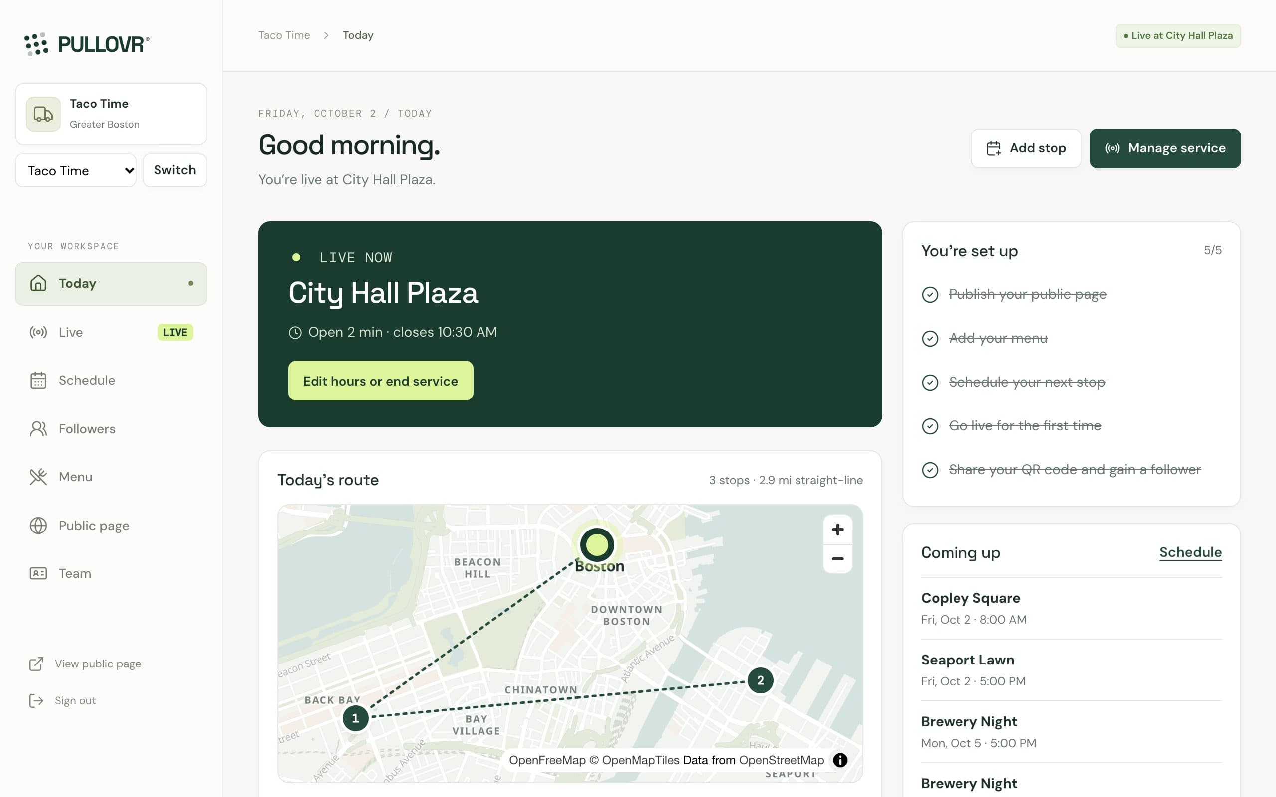 PULLOVR Today page: live at City Hall Plaza, today’s route map with two numbered stops, setup checklist complete